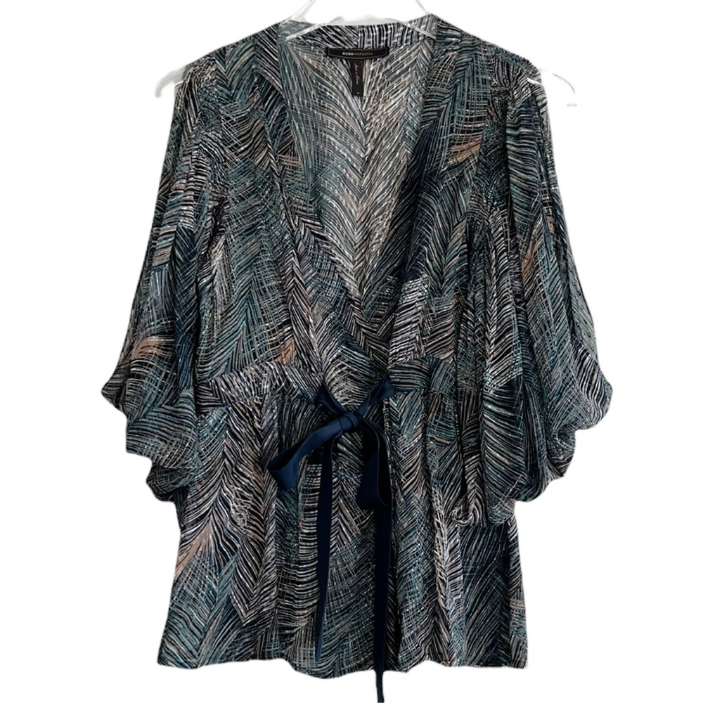 BCBG MaxAzria Botanical Print Top Semi Sheer Flowy Sleeve Size M